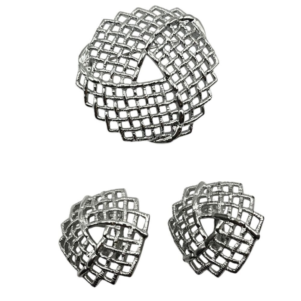 Sarah Coventry Silver Tone Woven Knot Trellis Brooch Pin And Clip Earring Set